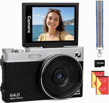 4K skaitmeninis fotoaparatas – 64 MP kamera, 16 kartų automatinis fokusavimas, skaitmeninis priartinimas, skaitmeninis fotoaparatas vlogams, 2,88 colio 180° atlenkiamas LCD ekranas, 2 baterijos, 32GB kortelė, dovanos pradedantiesiems ir vaikams
