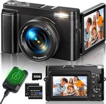 4K skaitmeninis fotoaparatas, 48 MP, 16 kartų automatinis fokusavimas ir skaitmeninis priartinimas, 3 colių 180° atlenkiamas LCD ekranas, kompaktiškas HD vlogų fotoaparatas su įkrovimo stotele, 2 x 800 mAh baterijos, 32GB kortelė, tinka pradedantiesiems