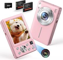 4K skaitmeninis fotoaparatas, 64 MP, automatinis fokusavimas, dviguba kamera, su 32GB kortele, 16 kartų skaitmeninis priartinimas, kompaktiškas skaitmeninis fotoaparatas su 2 baterijomis, skirtas paaugliams ir pradedantiesiems