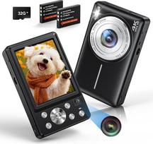 4K skaitmeninis fotoaparatas, 64 MP, automatinis fokusavimas, dviguba kamera, su 32GB kortele, 16 kartų skaitmeninis priartinimas, kompaktiškas skaitmeninis fotoaparatas su 2 baterijomis, skirtas pradedantiesiems ir paaugliams