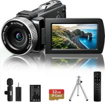 4K Ultra HD vaizdo kamera su automatiniu, rankiniu ir fiksuotu fokusavimu, belaidžiu klipiniu mikrofonu, trikoju ir nuotolinio valdymo pultu, 3 colių jutikliniu ekranu, skirta „YouTube“ vlogams, kelionėms ir šeimos vaizdo įrašams