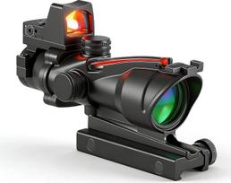 4x32 šautuvo optinis taikiklis su „Mini Red Dot“ taikikliu, raudonos ir žalios spalvų „Chevron“ tinkleliu, juodos spalvos