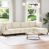 5 dalių svetainės baldų komplektas iš kreminės spalvos audinio, kurį sudaro kampinis sofos komplektas, dvivietė sofa, trivietė sofa ir pufas; komplekte yra miego funkcija, lovos dėžė ir atsipalaidavimo funkcija, skirtas svetainei ir