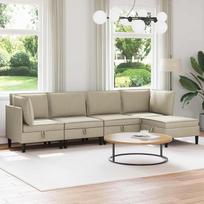 5 dalių svetainės baldų komplektas iš smėlio spalvos audinio su pufu, kampinė sofa su miego funkcija ir lovos dėže, išskleidžiama, skirta svetainei, svečių kambariui, poilsio zonai, su atsipalaidavimo funkcija