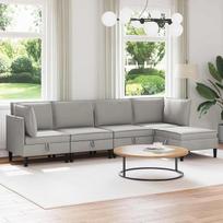 5 dalių svetainės baldų komplektas, šviesiai pilkos spalvos audinio kampinė sofa su miego funkcija ir daiktų laikymo dėže, minkštųjų baldų komplektas su pufu, atpalaiduojanti funkcija, skirta svetainei, svečių kambariui ir paauglių kambariui