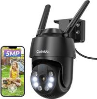 5 MP lauko "WiFi" stebėjimo kamera, 2,4/5 GHz "WiFi" lauko kamera su judesio jutikliu, automatiniu sekimu, įrašymu 24 valandas per parą, spalvotu naktiniu matymu, IP66, dvipusio garso, juoda (palaiko "Alexa")
