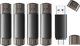 5 USB atmintinių pakuotė 64GB 3.0 USB C atmintinė Mini USB C atmintinė Metalinė USB C atmintinė 2-in-1 USBC 64GB atmintinė Didelės spartos vandeniui atsparus "iOS" "Android" mobiliajam telefonui "Linux" nešiojamajam kompiuteriui Juoda