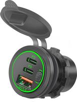 54 W automobilinis įkroviklio adapteris, 12 V/24 V montuojama USB-C lizdas su 2 x USB-C PD ir USB-A QC3.0, automobilinis maitinimo lizdas su įjungimo/išjungimo jungikliu, žalia LED lemputė, nuimamas apsauginis dangtelis, skirtas automobiliams, motociklams