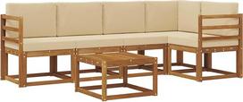 6 dalių sodo baldų komplektas iš akacijų medžio, lauko sofa su patogiais pagalvėliais, modernus terasos baldų komplektas natūralios ir smėlio spalvos, poilsio baldai sodui ir terasai