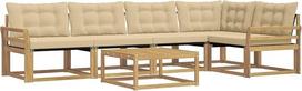 6 dalių sodo baldų komplektas iš akacijų medžio – lauko poilsio sofa su stalu ir pagalvėlėmis, skirta terasai ir sodui – modulinis 5 vietų sėdimųjų baldų komplektas, baltos ir smėlio spalvos