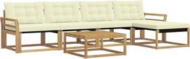 6 dalių sodo baldų komplektas, modulinė poilsio sofa iš akacijų medžio ir „Textilene“ medžiagos, sėdimoji grupė terasai ir sodui, balta-kreminė spalva, su pagalvėlėmis, skirta 4 asmenims