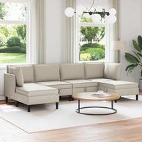 6 dalių svetainės baldų komplektas su „Hafer“ audiniu apmušalais, kampine sofa ir pufu, pagamintas iš tvirtos faneros, 100 % poliesterio, ergonomiškas, puikiai tinka svetainei, svečių kambariui ir poilsio zonai