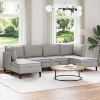 6 dalių svetainės baldų komplektas, šviesiai pilkos spalvos audinio kampinė sofa su pufu ir miego funkcija, minkštųjų baldų komplektas su atsipalaidavimo funkcija ir daiktų laikymo vieta, skirtas svetainei, svečių kambariui ir paauglių kambariui