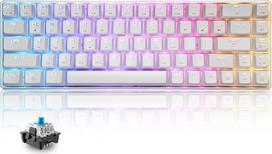 60 % mechaninė mini klaviatūra, kompaktiška, 68 klavišų, laidinė USB-C RGB klaviatūra, 18 „Chroma“ vaivorykštės spalvų apšvietimo variantų, nešiojama, suderinama su PS4, Xbox, kompiuteriu, nešiojamuoju kompiuteriu – balti/mėlyni jungikliai