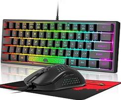 60% Mini žaidimų klaviatūros ir pelės rinkinys, juodas, QWERTY išdėstymo RGB vaivorykštės LED apšviesta mechaninė ergonominė klaviatūra, 12000 DPI "Honeycomb" pelė, USB laidinė, skirta nešiojamiesiems kompiuteriams