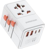 65 W GaN kelionių adapteris visame pasaulyje, universalus kelionių adapteris, kelionių kištukas su 2 USB C ir 2 USB A, greito įkrovimo tarptautinis kištukinis lizdas, skirtas ES, JK, JAV, Japonijai, Tailandui, Australijai, baltas