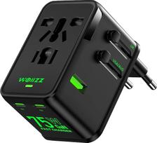 75 W kelioninis adapteris, „GaN“ greito įkrovimo universalus adapteris Europai su 5 jungtimis (1 AC, 1 USB-A ir 3 USB-C), kištuko adapteris su „Smart Chip“ technologija, tinkamas naudoti daugiau nei 200 šalių, PD ir QC įkroviklis, juodos spalvos