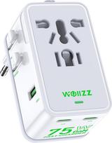 75 W kelioninis adapteris, „GaN“ greito įkrovimo universalus adapteris Europai su 5 jungtimis (1 AC, 1 USB-A ir 3 USB-C), kištuko adapteris su „Smart Chip“ technologija, tinkamas naudoti daugiau nei 200 šalių, PD ir QC įkroviklis, baltas