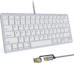 78 klavišų kompaktiška laidinė klaviatūra, skirta „Mac“ kompiuteriams, USB A/USB C „Plug and Play“, itin plona USB mini klaviatūra – JAV QWERTY išdėstymas, suderinama su „Apple MacBook“, „iMac“, „Mac mini“/„Pro“, nešiojamaisiais kompiuteriais, asmeniniais