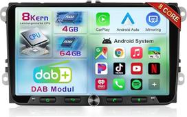 8 branduolių 4+64G Android DAB+ automobilinis radijas su navigacijos ekranu VW Golf 5 6 T5 Polo 6R Passat Caddy Seat Skoda, 9 colių jutiklinis ekranas, belaidis Android Car Carplay, T6 radijas Bluetooth RDS FM GPS WiFi