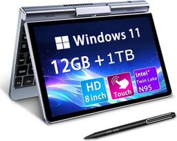8 colių „2-in-1“ mini nešiojamasis kompiuteris, „Windows 11“, N95 (3,4 GHz), 12GB RAM, 1 TB SSD, jutiklinis HD ekranas, apšviesta klaviatūra, „Wi-Fi 6“, USB-C, lengvas kompiuteris darbui, vaikams ir mokyklai