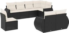 8 dalių sodo sofų komplektas, juodos spalvos, iš poliratanio: kampinė sofa, vidurinė sofa, sofa su porankiais (62x62x69 cm), kreminės baltos spalvos pagalvėlės, modulinis komplektas, skirtas terasai, balkonui, sodo poilsio zonai, lauko sėdėjimo komplektui