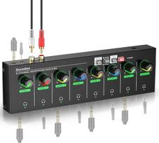 8 kanalų ausinių stiprintuvas, kompaktiškas metalinis stereo ausinių mikšerinis pultas su 6,35 mm, 3,5 mm ir RCA įvestimis, TRS išvestimis, garsumo išjungimo funkcija ir šviesos efektais, 12 V nuolatinė srovė – 23 x 7 x 2,8 cm