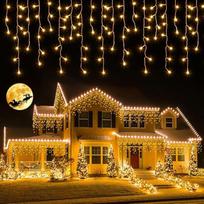 800 LED „Icicle“ fejerverkų lempučių lauke, 20 m ilgio išplečiama fejerverkų lempučių užuolaida langams su laikmačiu, maitinama iš elektros tinklo, 8 režimai, IP44, šiltos baltos spalvos „Icicle“ šviesos užuolaida stogų kraigams, sodui ir balkonui