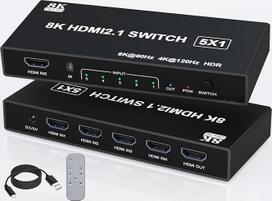 8K HDMI 2.1 komutatorius – 5 įėjimų ir 1 išėjimo HDMI komutatorius, palaikantis 8K @ 60Hz ir 4K @ 120Hz, su nuotolinio valdymo pultu, palaiko 3D/HDR/HDCP 2.3, suderinamas su PS5/4/3, „Xbox“, DVD grotuvu, televizoriumi ir kompiuteriu, 5 prievadų 4K 120 Hz