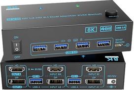 8K, 2 monitoriai, 2 kompiuteriai, KVM komutatorius, „DisplayPort“ 1.4 + HDMI 2.1, dviejų monitorių palaikymas | 2 įėjimai, 2 išėjimai, 2 prievadai, KVM komutatoriai, palaiko iki 8K@60Hz/4K@144Hz, skirti 2 kompiuteriams, leidžia dalytis 2 ekranais ir 4 USB