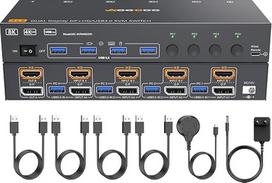 8K@60Hz/4K@144Hz HDMI DP KVM komutatorius, skirtas 4 kompiuteriams ir 2 monitoriams, USB 3.0 KVM komutatoriai su 4 USB prievadais, skirti 4 kompiuteriams su dviem monitoriais, komplekte yra nuotolinio valdymo pultas su laidu ir USB laidas