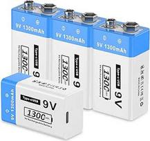 9 V įkraunamos ličio baterijos, 1300 mAh talpos 6F22 baterijos, skirtos dūmų detektoriams, metalo detektoriams, mikrofonams ir kt. (4 vnt.)