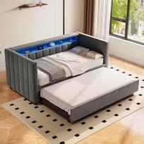 90 x 190 cm sofos-lova su išstumiamu lovos korpusu ir daiktų laikymo vieta, sofos-lova su aksominė apmušalu, LED apšvietimu ir USB Type-C jungtimi, sofos-lova, paauglių lova, skirta svetainei, svečių kambariui ir paauglių kambariui | LED apšvietimas ir US