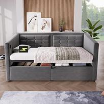 90 x 190 cm sofos-lovos su hidrauline daiktų laikymo erdve, USB ir C tipo įkrovimo stotele, kampinė sofa su miego funkcija, aksominė vienvietė lova, pilkos spalvos, čiužinys neįskaičiuotas