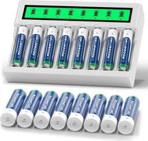 AA, AAA, NiMH baterijų įkroviklis su 8 AA + 8 AAA baterijų lizdais, 3300 mAh ir 1100 mAh talpos, 8 elementai, įkraunamos 1,2 V NiMH baterijos, didelės talpos, 1200 įkrovimo ciklų