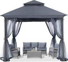 ABCCANOPY 2,5 x 2,5 m sodo pavėsinė terasai, minkšta, su dvigubu stogu, kiemo pavėsinė su tinkleliu, apsaugančiu nuo saulės ir lietaus, pilkos spalvos