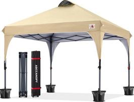 Abccanopy 3 x 3 m pavėsinė Vandeniui atsparus Pop-Up sodo pavėsinė Festivalis Saulės apsauga Lauko stoginė Super kompaktiškas stoginė su Roll Carry Bag Bonus 4 x svorio maišeliai 4 x virvės 4 x stulpai Smėlio spalvos