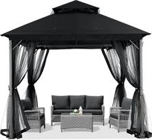 ABCCANOPY 2,5 x 2,5 m sodo pavėsinė terasai, minkšta, su dvigubu stogu, kiemo pavėsinė su tinkleliu, apsaugančiu nuo saulės ir lietaus, juoda