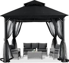 ABCCANOPY 2,5 x 2,5 m sodo pavėsinė terasai, minkšta, su dvigubu stogu, kiemo pavėsinė su tinkleliu, saugančiu nuo saulės ir lietaus, juoda
