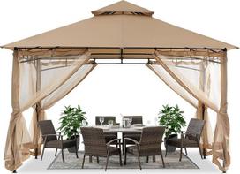 ABCCANOPY 3,35 x 3,35 m sodo pavėsinė kiemui, dvigubas minkštas stogas, sodo pavėsinė su tinklu, skirta pavėsiui ir lietui, smėlio spalvos