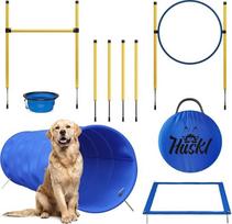 Agility rinkiniai mažiems ir dideliems šunims, šunų dresavimo reikmenys – tunelis šunims, agility stulpeliai, kliūčių juosta, agility žiedas, maisto dėžutė ir sulankstomas šunų dubuo S dydžio, skirtas šunų aktyvumui