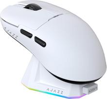 AJAZZ AJ159 PRO belaidė žaidimų pelė, su PAW3395 jutikliu ir magnetiniu pagrindu, 26K DPI, palaiko 2,4 GHz / USB-C / „Bluetooth“, 400 mAh baterija, lengva (56 g) konstrukcija, RGB apšvietimo efektai, balta