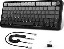 AJAZZ x Attack Shark X85 mechaninė klaviatūra, 75 % dydžio belaidė žaidimų klaviatūra su mygtuku, 5 sluoksnių paminkštinimas, šoniniu spausdinimu papuoštos PBT klavišų dangteliai, BT 5.1 / 2,4 GHz / USB-C, „Hot-Swap“ linijiniai jungikliai, RGB, skirta PC