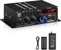 AK-380 „Bluetooth 5.0“ Hi-Fi stiprintuvas, 2.0 kanalų, 40 W x 2 | Maks. 400 W. Mini stiprintuvas, stereo garso galios stiprintuvas-imtuvas su USB ir SD kortelių lizdu, FM radiju, skirtas automobiliui ir namų garsiakalbiams