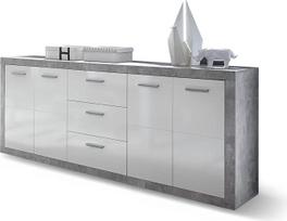 Akmens komoda su betoninio stiliaus stalčiais, balta, blizgi – moderni komoda su daug saugojimo vietos jūsų namams | 206 x 90 x 45 cm (plotis x aukštis x gylis), 3 stalčiai, skyreliai už durelių, skirta svetainei, miegamajam arba prieškambariui