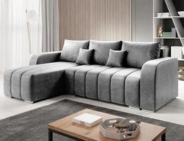 Aksominė L formos kampinė sofa – 245 x 86 x 147 cm – sofa-lova su daiktų dėže ir miego funkcija – kampinė sofa su daiktų laikymo vieta – kairioji pusė – audinys „Monolith Grey 84“
