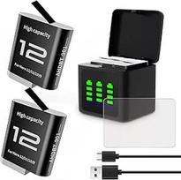 Akumuliatoriaus įkroviklio rinkinys, suderinamas su "GoPro Hero 12 11 10 9 Black", 2 pakuotės įkraunamos 2580 mAh baterijos + trigubas įkrovimo dėklas + C tipo kabelis + empered Glass Screen Protector