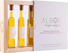 ALBORI Degustacinis alyvuogių aliejus Itališkas ypač tyras Apulijos šalto spaudimo alyvuogių aliejus, degustacinė dovanų dėžutė su 3 buteliukais alyvuogių aliejaus 100 ml, aukščiausios kokybės dovanų idėjos, monokultūrinės ir mišrios alyvuogės