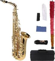 Alto saksofonas, paauksuotas žalvaris ir saksofono cimbolai, 802 klavišai, medinis pučiamasis instrumentas, su valymo šepetėliu, šluoste, pirštinėmis, kamštiniu tepalu, paminkštintu dirželiu