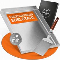 AMZBBQ® „Plancha“ rinkinys – dujinio grilio plokštė 40 x 30 cm – nerūdijantis plienas, storis apie 5 mm | 20 % tvirtesnė nei įprastos grilio plokštės: puikiai išlaiko šilumą ir nesideformuoja – uždara „plancha“ – su mentele